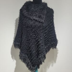 Louida Fashion Women's Turtleneck Textured Fringed Poncho Black Cozy Whimsigoth